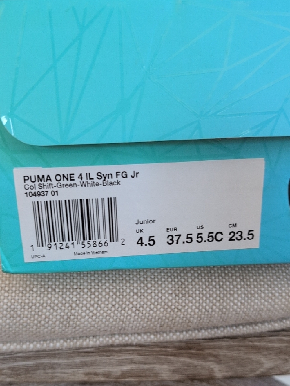 PUMA ONE 4 Syn FG JR Soccer Shoes, Youth Kids Size 5.5 US, Silver, Green 1732 - Picture 6 of 6